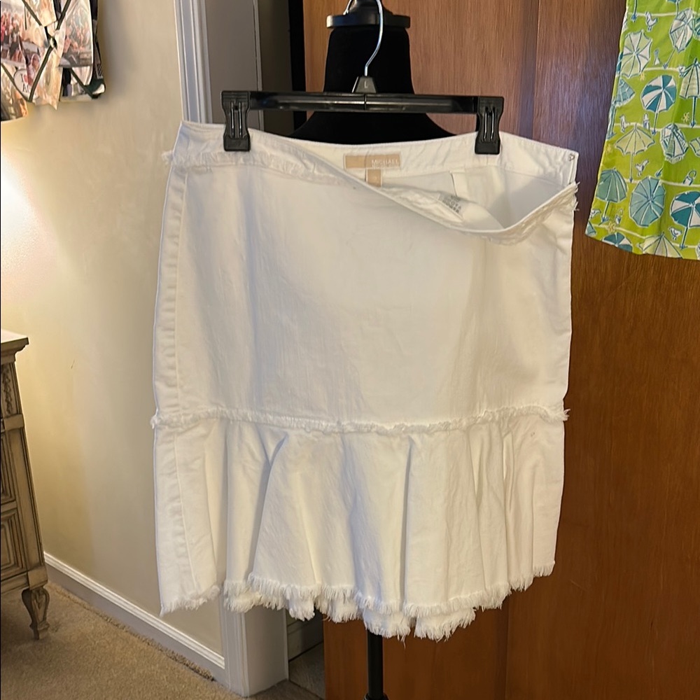 Michael Kors White Denim Skirt with fringe at hem.  Love this summer skirt-